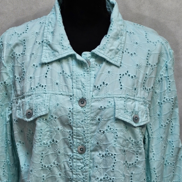 Appleseed's Petite Light Teal Eyelet Button Up 100% Cotton Jacket Sz PXL - Picture 2 of 7